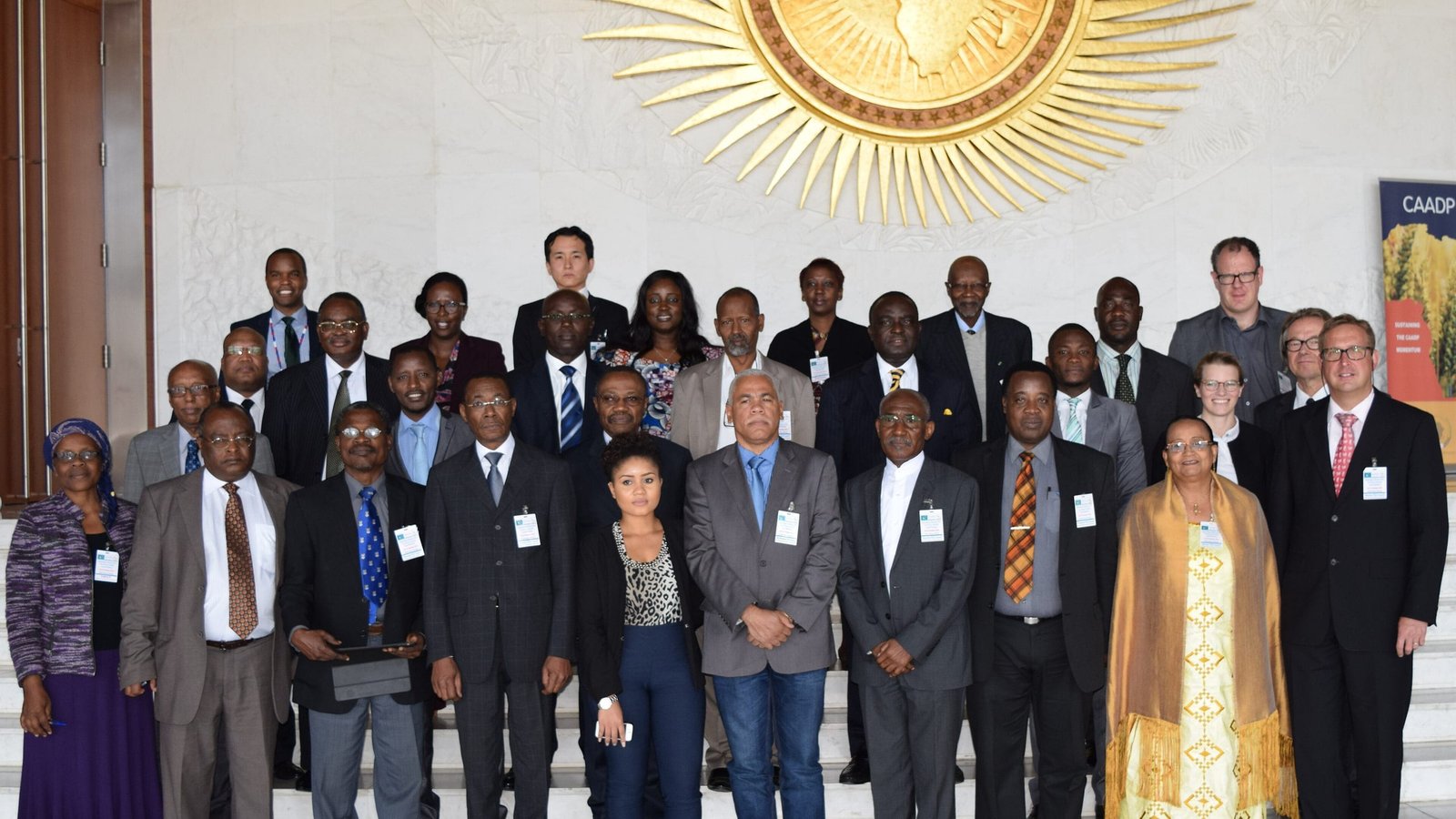 Delegates gathered on the steps beneath the African Union emblem at a council meeting